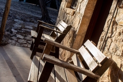 Wood benches at sunset.